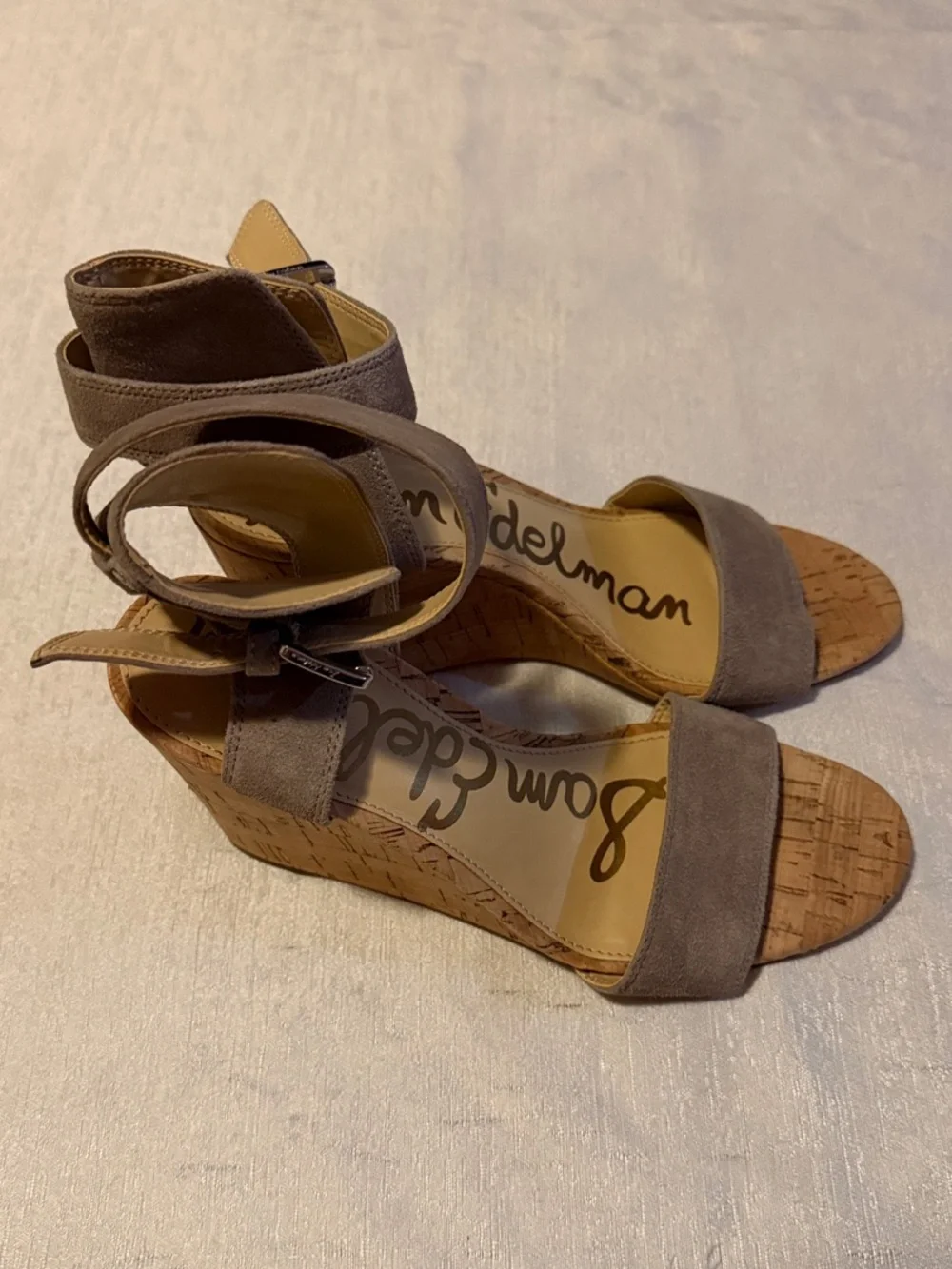 Sam Edelman Taupe Suede Ankle-Strap Cork Sandal Wedges